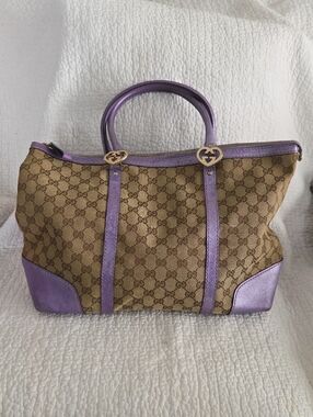 Gucci Brown GG Canvas Tote with Purple Leather Accents